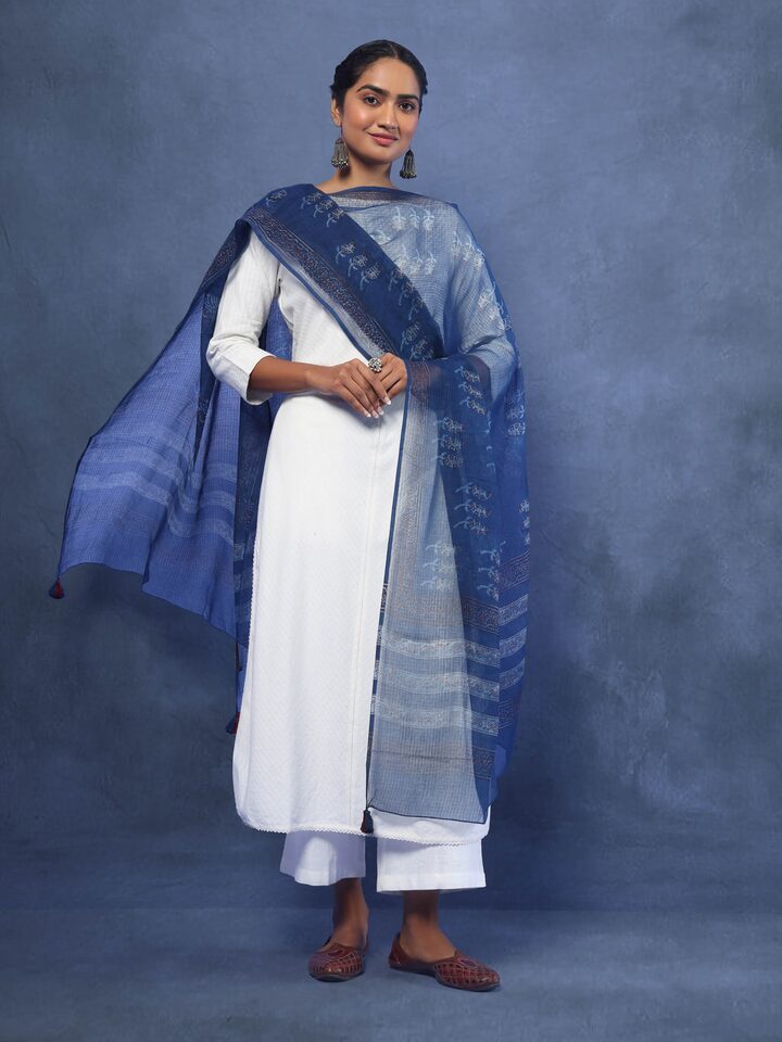 Styled view of Cotton Dabu Block Printed Dupatta draped on the shoulder showing the drape
