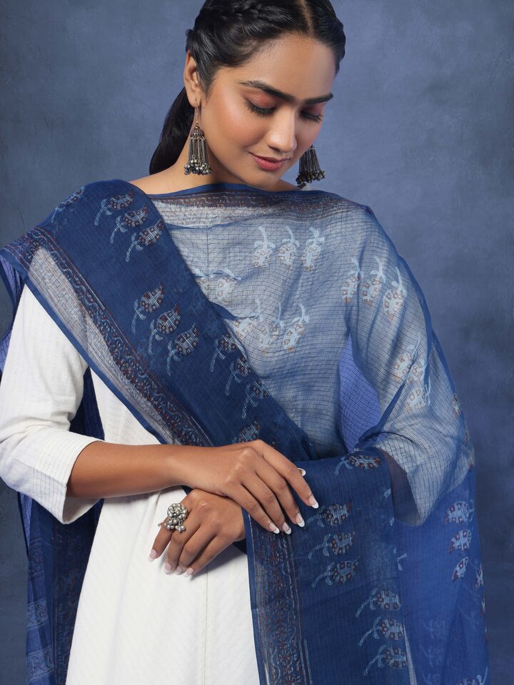 Close-up view of Cotton Dabu Block Printed Dupatta highlighting the embroidered motif