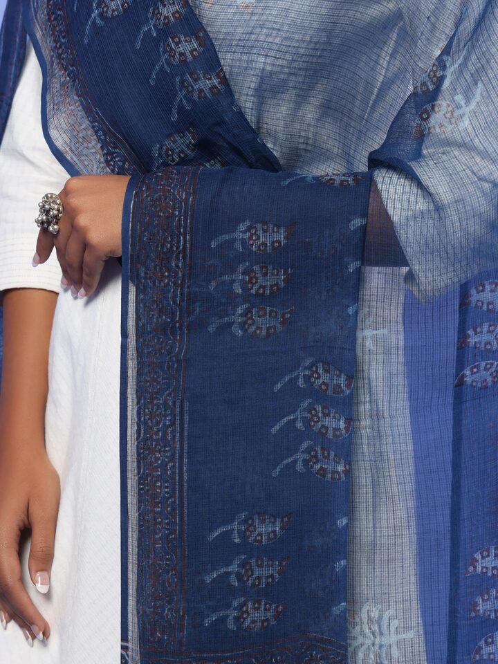 Detail view of Cotton Dabu Block Printed Dupatta highlighting the embroidered border detail
