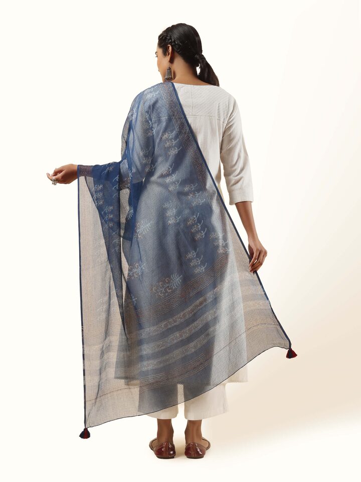 Back view of Cotton Dabu Block Printed Dupatta showing the plain woven reverse side