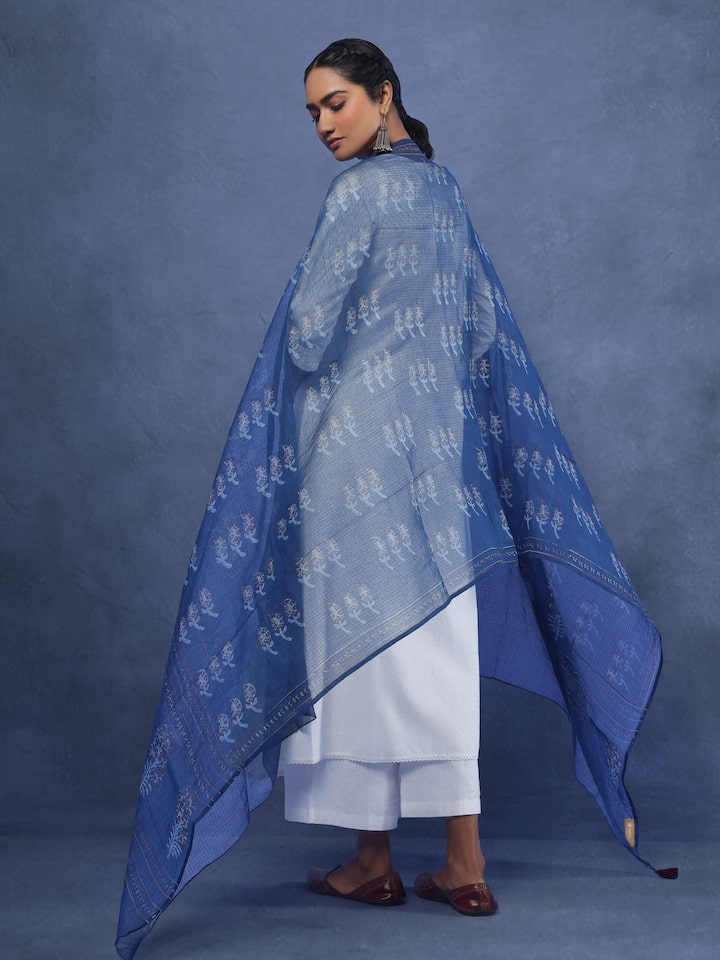 Blue Cotton Dabu Block Printed Dupatta