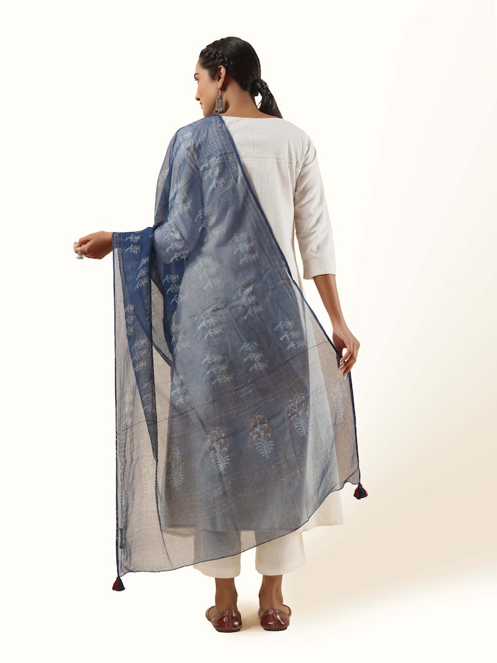 Blue Cotton Dabu Block Printed Dupatta