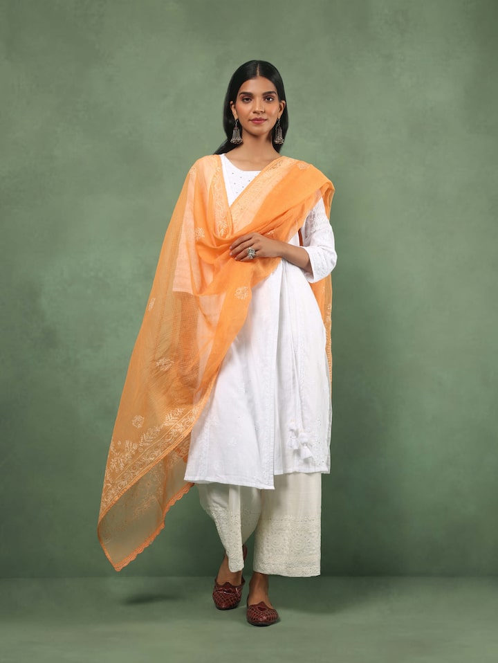 Mango Cotton Silk Chikankari Dupatta
