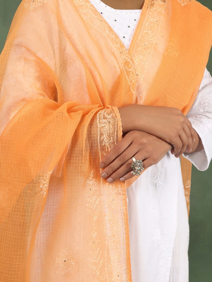 Mango Cotton Silk Chikankari Dupatta