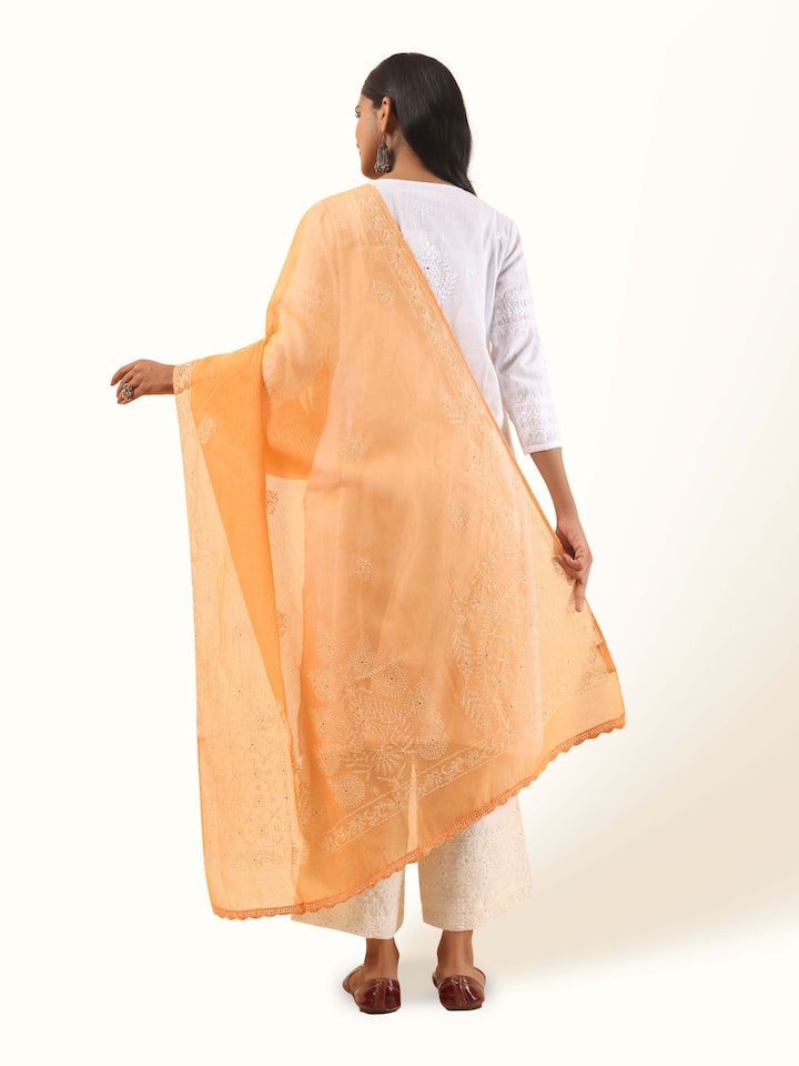 Mango Cotton Silk Chikankari Dupatta