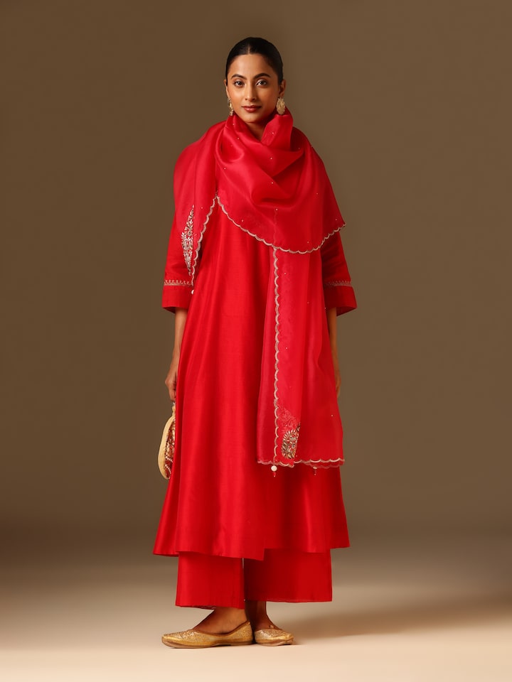 Red Silk Zardozi Embroidered Dupatta