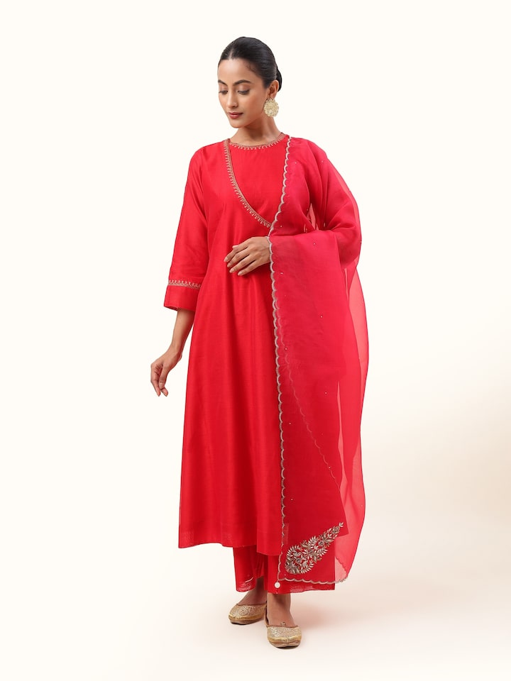 Red Silk Zardozi Embroidered Dupatta