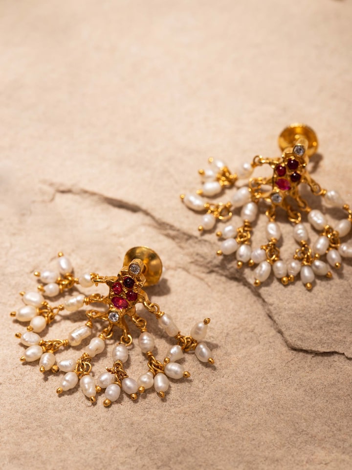 Detail view of Guttapusalu Silver Drop Earrings highlighting the stone setting and metalwork detail