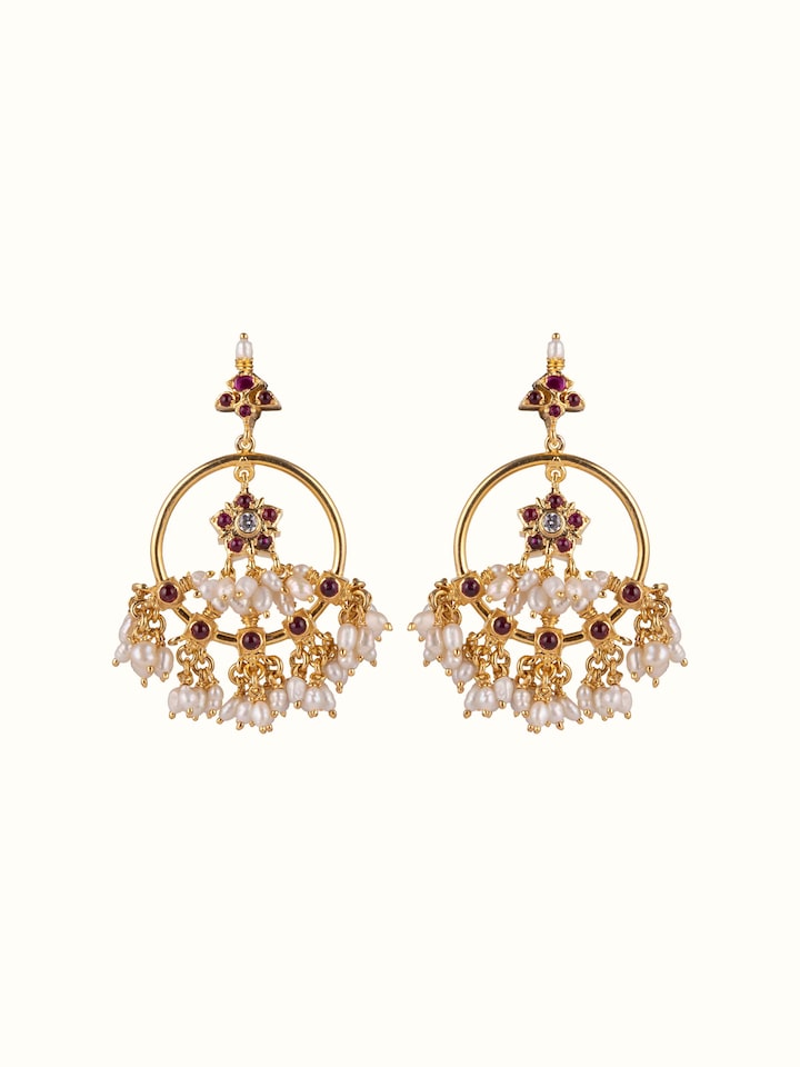 Front view of Guttapusalu silver drop earrings with cascading pearl clusters and antique finish.