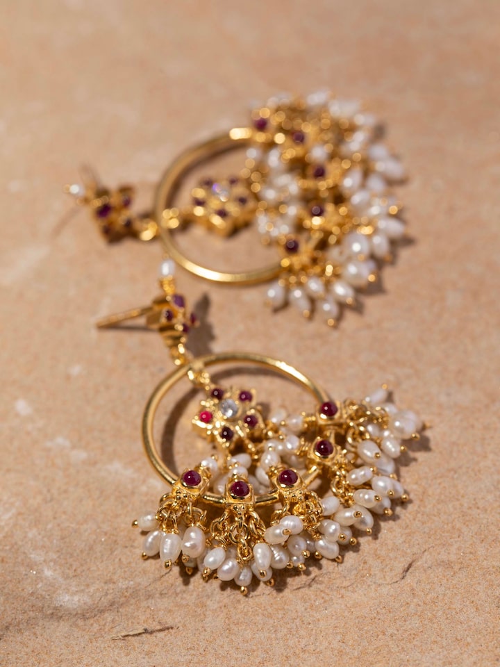 Detail shot of Guttapusalu drop earrings capturing pearls, textures, and oxidised silver design.