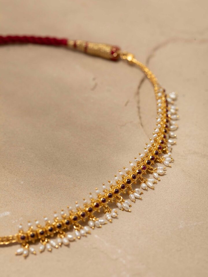 Detail view of Guttapusalu Silver Choker highlighting the stone setting and metalwork detail
