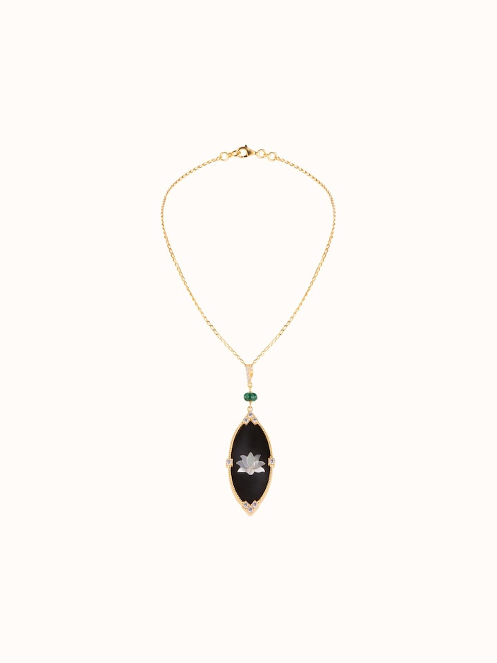 Front view of Parchinkari silver pendant with floral enamel inlay and matching chain