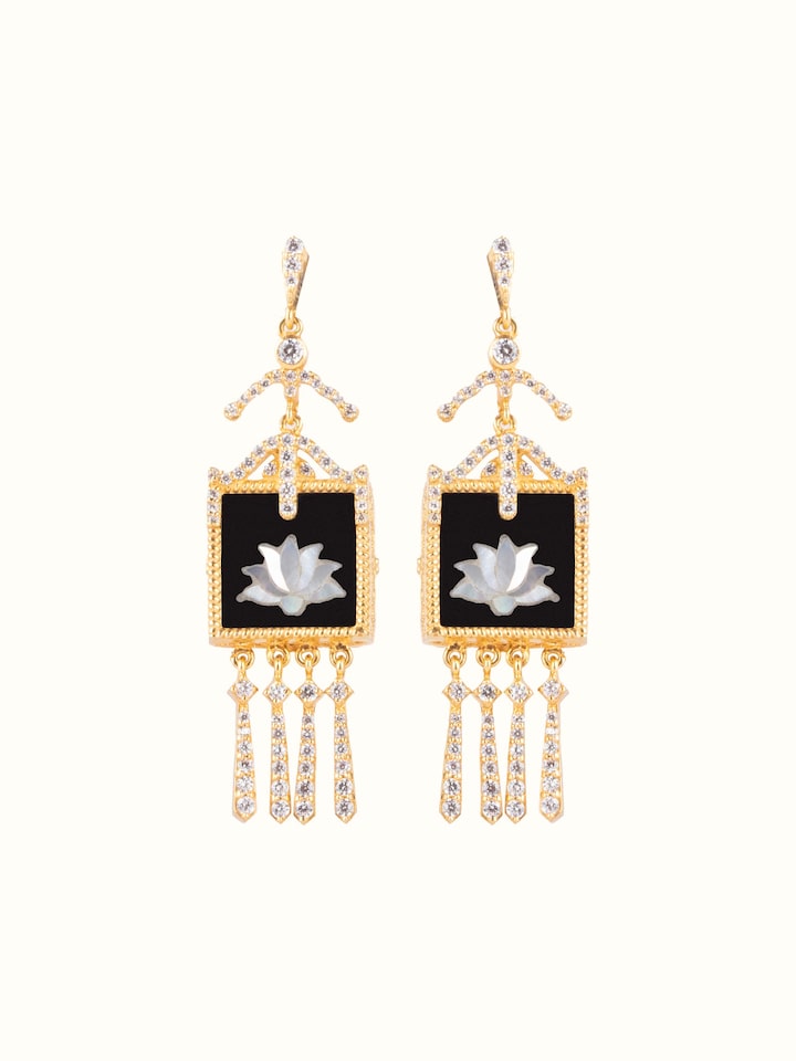 Front view of Parchinkari silver drop earrings featuring intricate inlay work and traditional design.