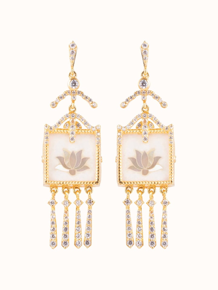 Front view of Pacchikari Silver Drop Earrings featuring intricate silver detailing and vibrant design.