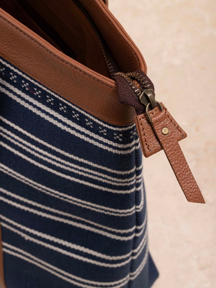 Close-up of Leather & Textile Extra-Weft Tote Bag showing the detailed weaving and stitching.
