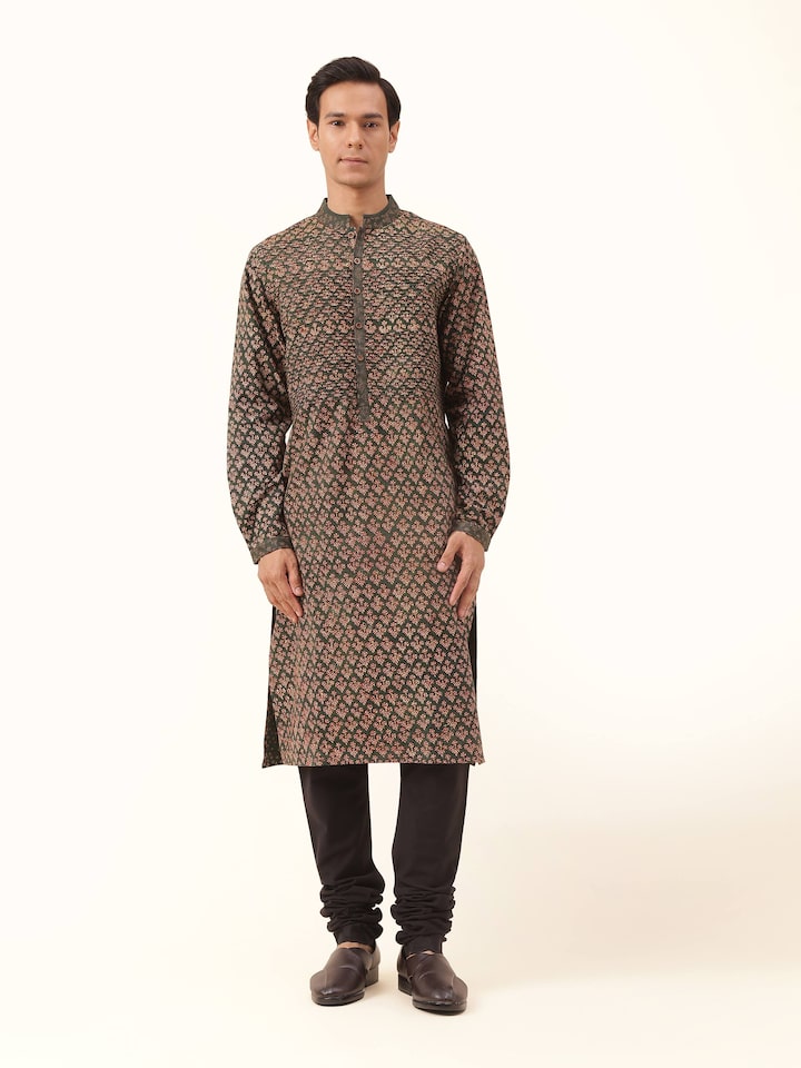Front view of the teal cotton long kurta with traditional Phad block print, showcasing its vibrant hue and artisanal appeal.