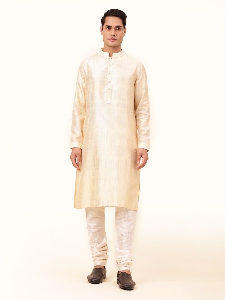 Front view featuring the understated elegance of the beige silk kurta.
