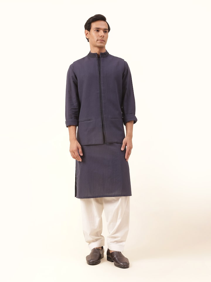 Navy blue cotton Soof embroidered sleeveless jacket front view showing rich embroidery and sleeveless cut