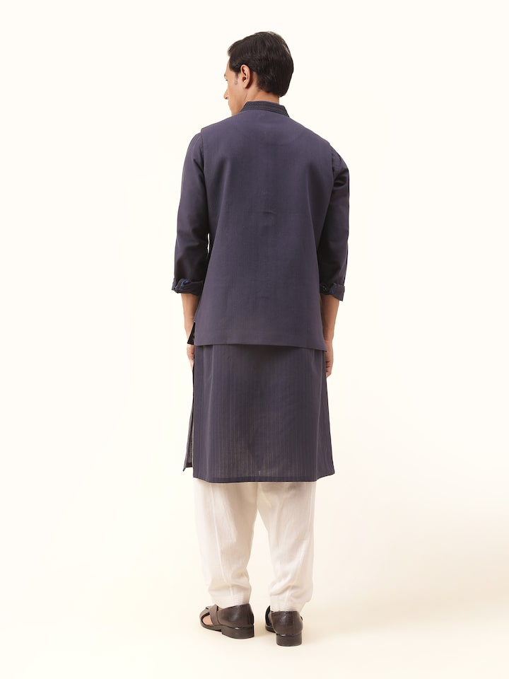 Navy blue cotton Soof embroidered sleeveless jacket back view displaying embroidery and cut detail