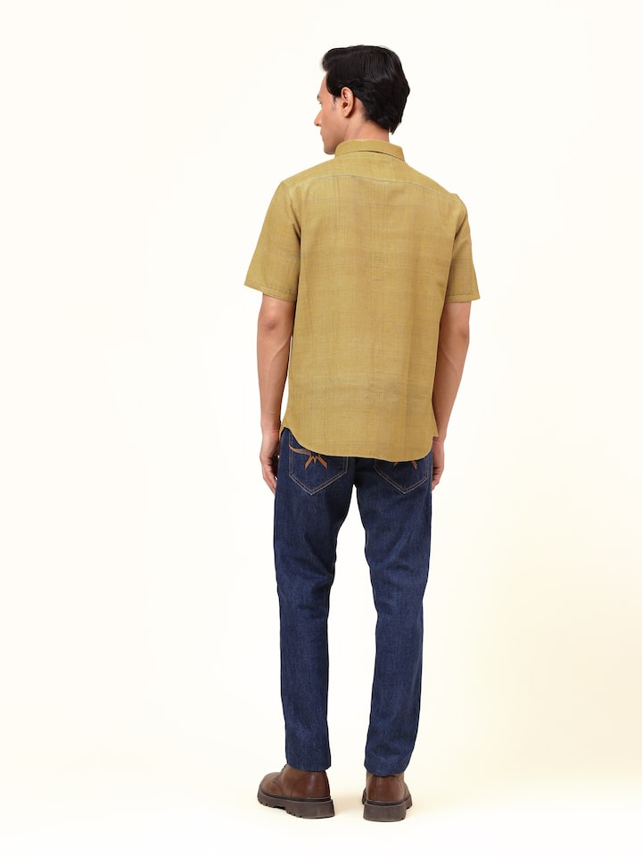 Back view showing full stripe pattern and cut of Mustard Cotton Shirt