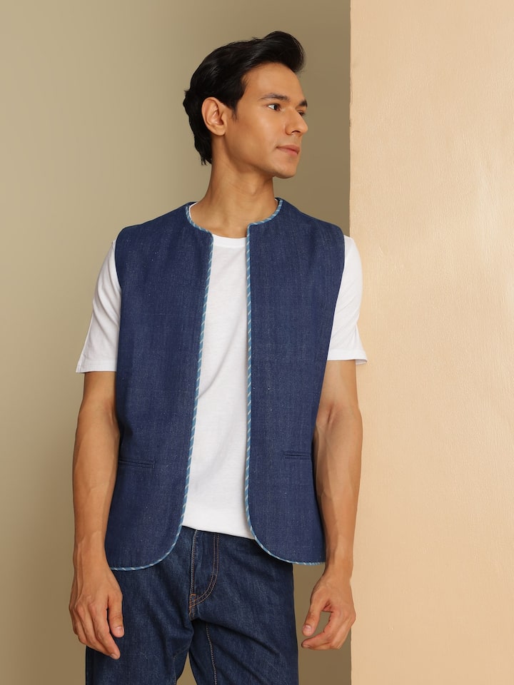 Angled view highlighting open front design and texture details of the jacket