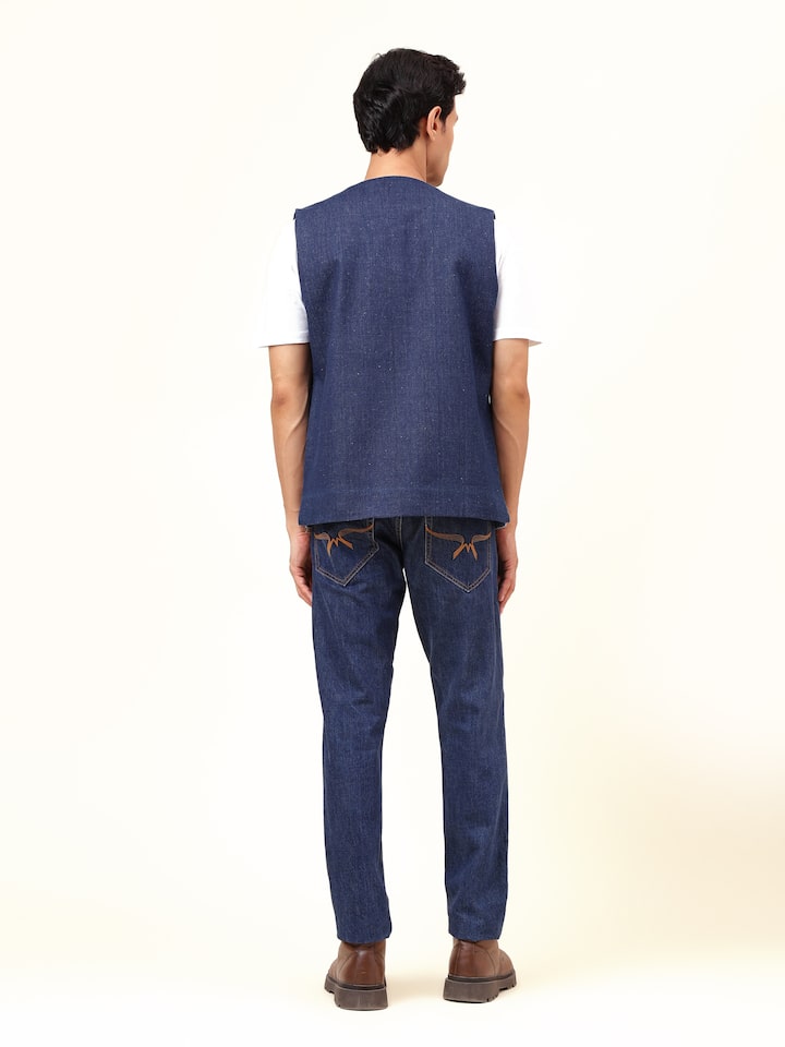 Back view showing clean lines and structure of Navy Blue Cotton Textured Sleeveless Jacket