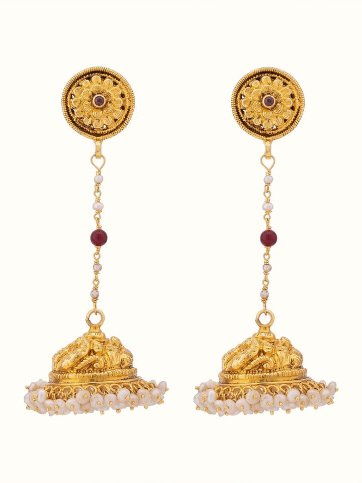 "Front view of Nakash silver jhumka earrings with intricate detailing"
