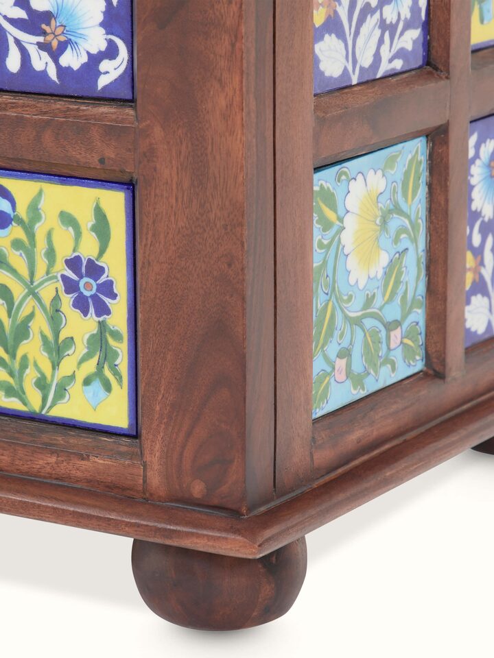 Sheesham wood blue pottery trunk from a different angle, emphasizing the traditional design and artistic detailing.