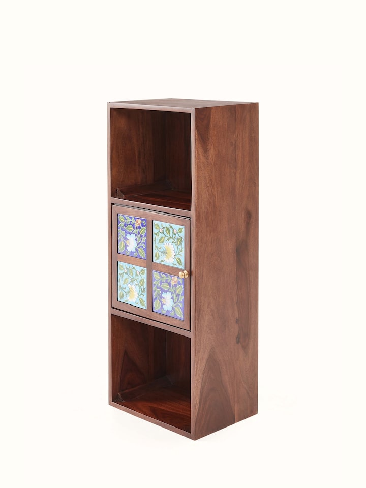 Close-up of Sheesham Wood Blue Pottery Wall Shelf, emphasizing the detailed blue pottery pattern and Sheesham wood craftsmanship
