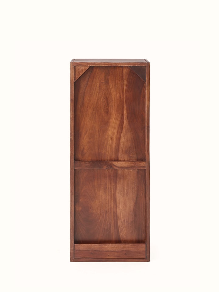 Front view of Sheesham Wood Blue Pottery Wall Shelf with open door, revealing the interior shelf and blue pottery accents