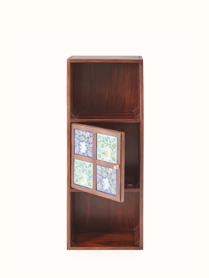 Overview of Sheesham Wood Blue Pottery Wall Shelf, capturing the blend of blue pottery and Sheesham wood in a stylish design