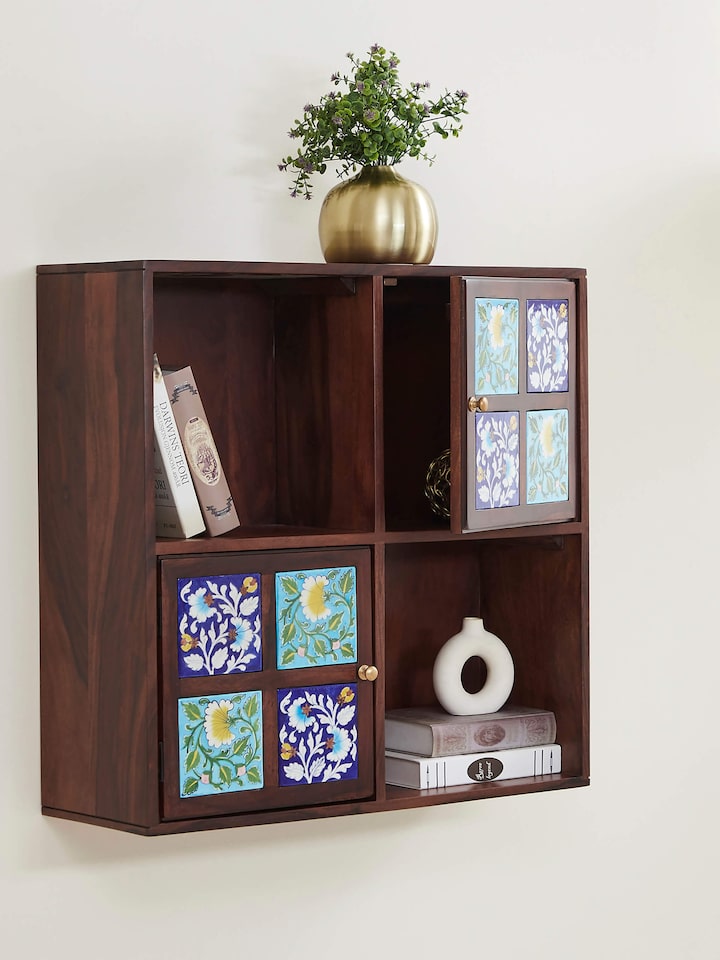 Side view of Sheesham wood blue pottery wall shelf (2 doors) with detailed craftsmanship