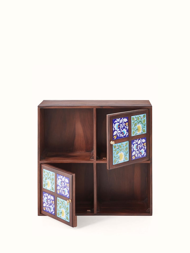 Open view of Sheesham wood blue pottery wall shelf (2 doors) with visible storage space