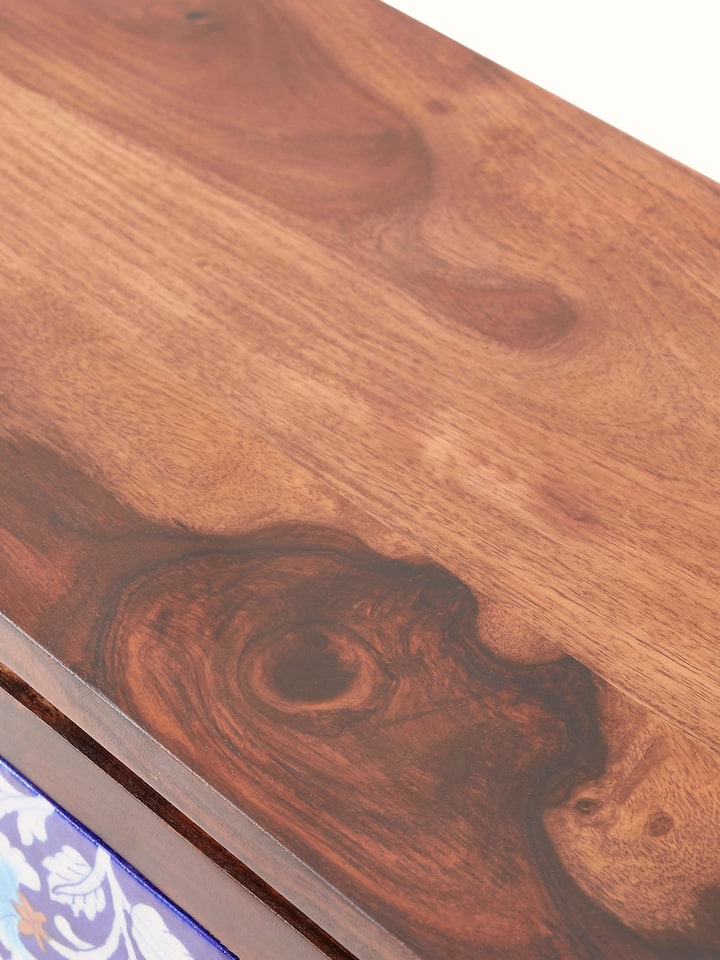 Back view of Sheesham wood blue pottery wall shelf (2 doors) displaying solid craftsmanship