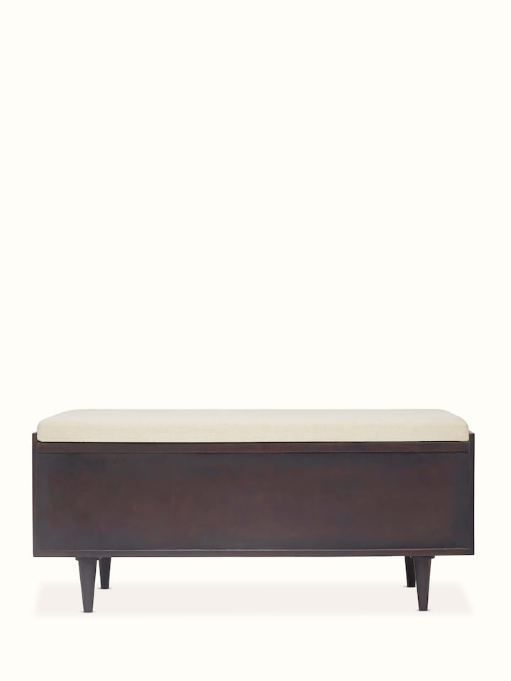 Overhead view of the Sheesham wood and brass Tarkashi bench, focusing on the bench's surface and brass patterns.