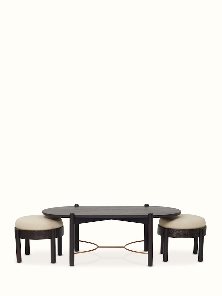 Front view of Sheesham wood and brass tarkashi coffee table set (3 pcs), showcasing the detailed brass inlay work.