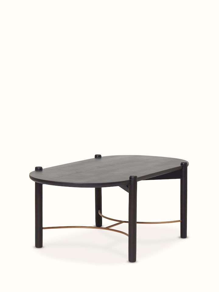 Side view of Sheesham wood coffee table set with brass tarkashi detailing, emphasizing the elegant and stylish design.