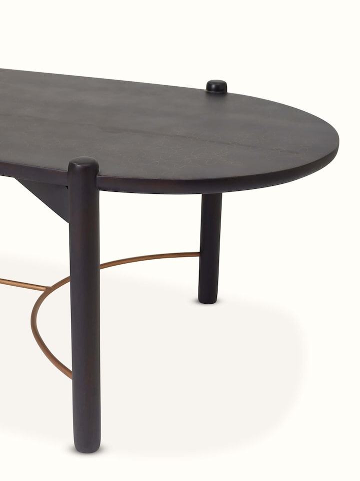 Angled view of Sheesham wood and brass tarkashi coffee table set (3 pcs), demonstrating the set's full arrangement and design.