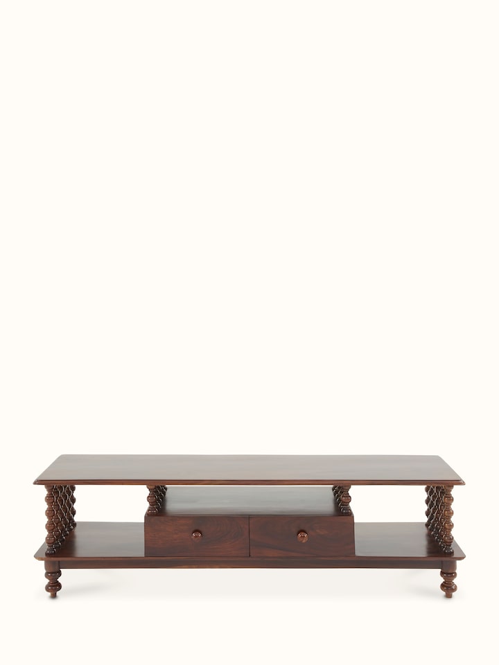 Front view of Sheesham wood entertainment unit showcasing its sleek design and ample storage space