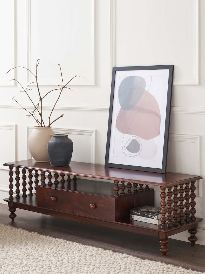 Side view of Sheesham wood entertainment unit highlighting the detailed woodwork and elegant finish