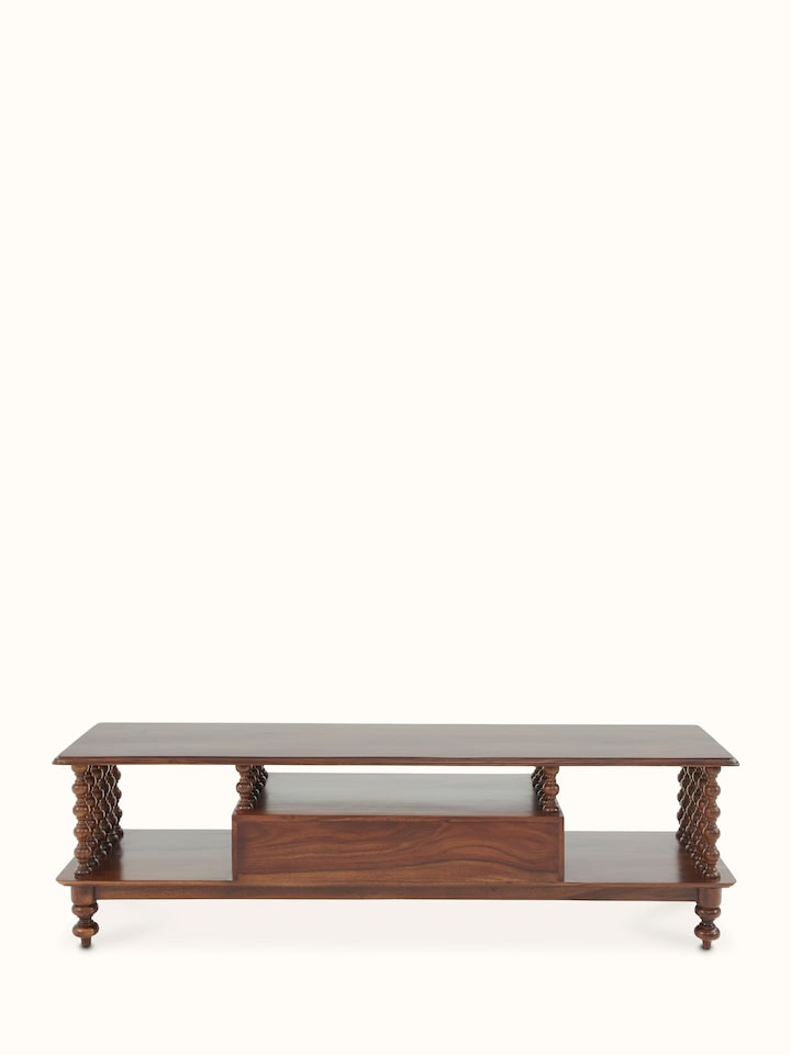 Top-down view of Sheesham wood entertainment unit, showcasing the surface area and overall structure