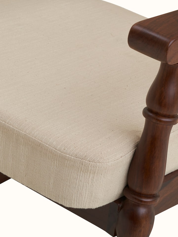 Detail view of the Upholstered Sheesham Wood Rocking Chair