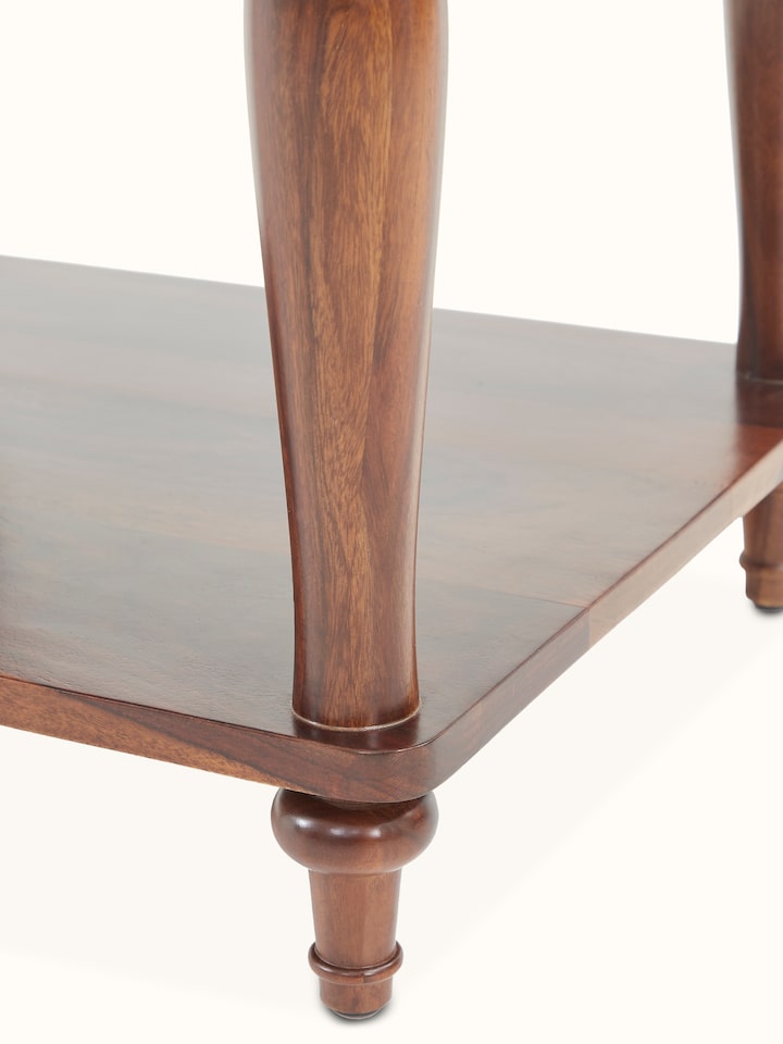 Top view of the teak finish Sheesham wood bedside table, displaying the smooth surface and refined edges.