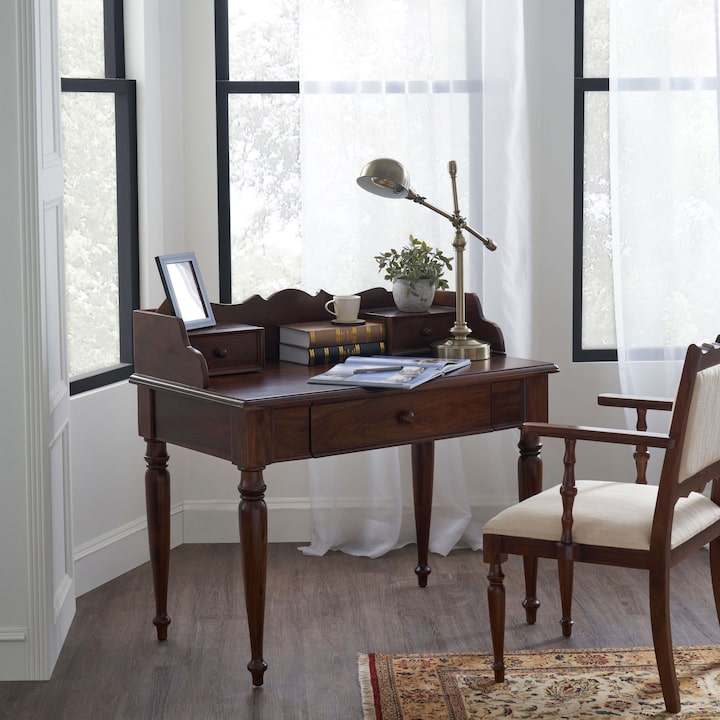 Side view of the Sheesham wood study table, highlighting the sturdy construction and smooth finish