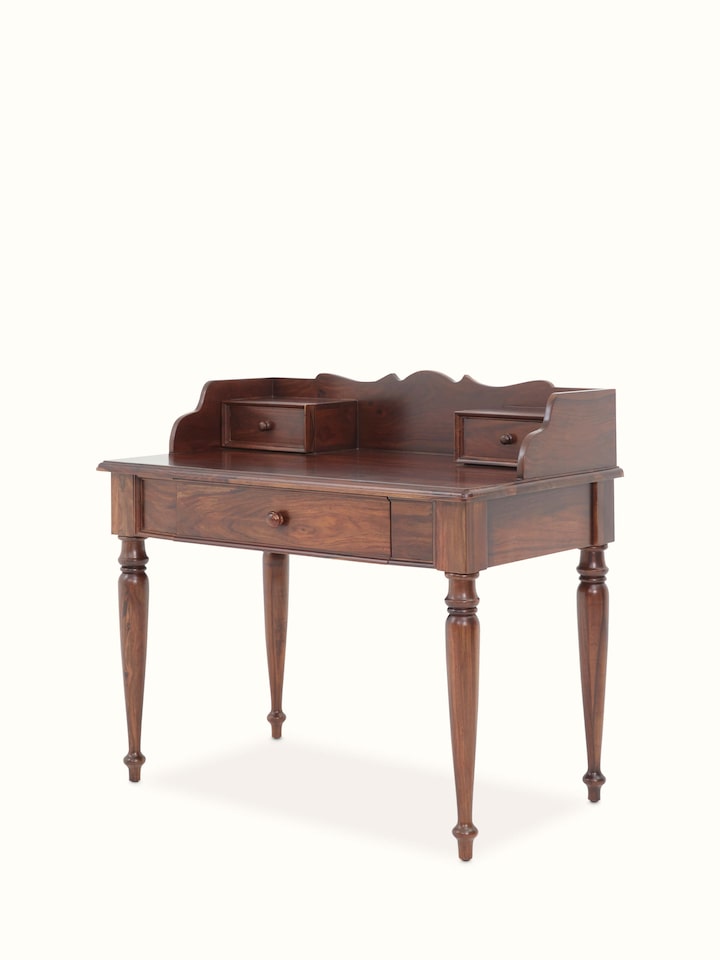 Close-up of the drawers and handles on the Sheesham wood study table, emphasizing the attention to detail