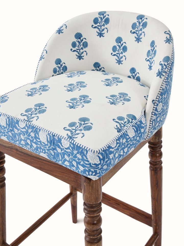 Detailed view of Sheesham wood Sanganeri block print bar chair, highlighting the intricate block print design and rich wood texture