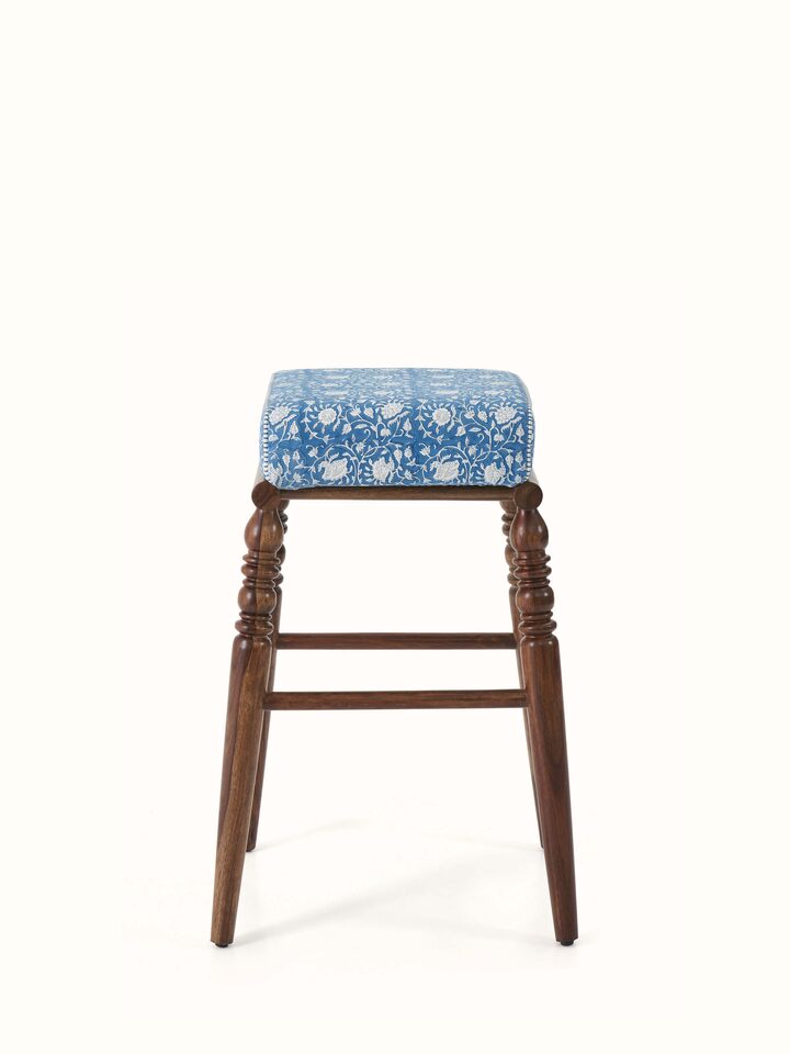 Front view of the Sheesham wood Sanganeri block print square seat bar stool, showcasing its traditional design and detailed craftsmanship.