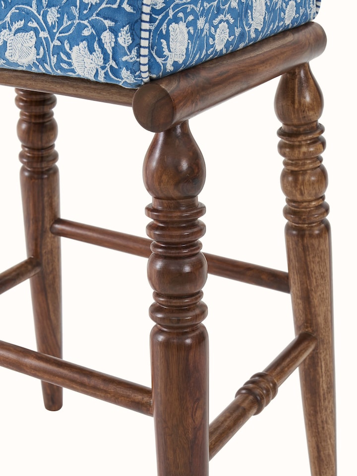Top view of the Sheesham wood bar stool, displaying the Sanganeri block print pattern on the square seat.