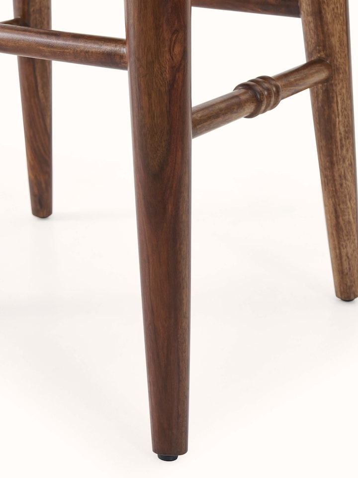 Back view of the Sheesham wood Sanganeri block print bar stool, highlighting the craftsmanship of the wood and block print seat.