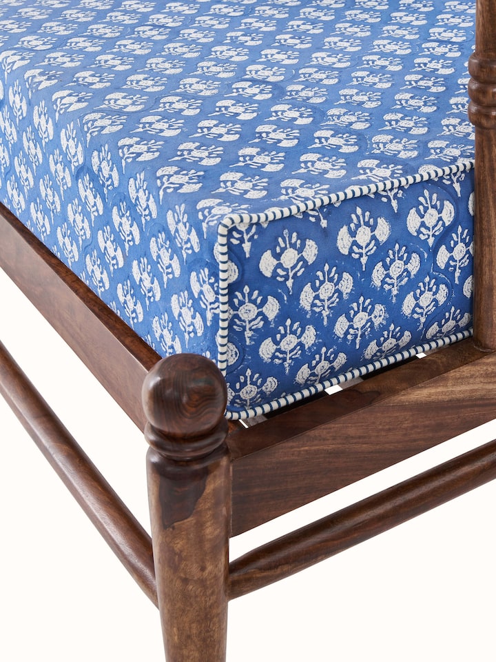 Close-up of Upholstered Sheesham Wood Sanganeri Block Print Lounge Chair showcasing the intricate block print and soft upholstery.